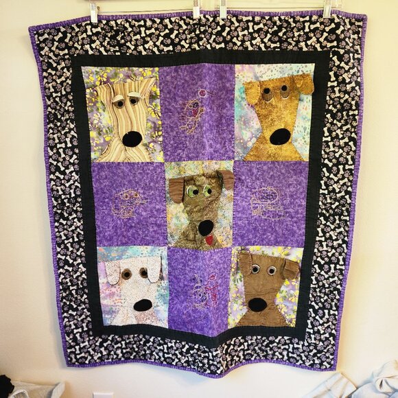 Baby Childs Cotton Crib Quilt Blanket Dogs Purple Hand Stictches 36" x42"